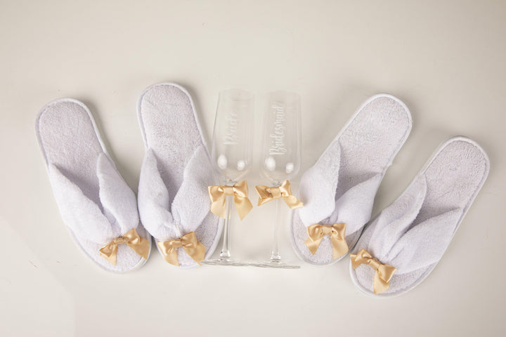 Bridal Slippers & Bridal Printed Glasses with matching ribbons - Robes 4 You