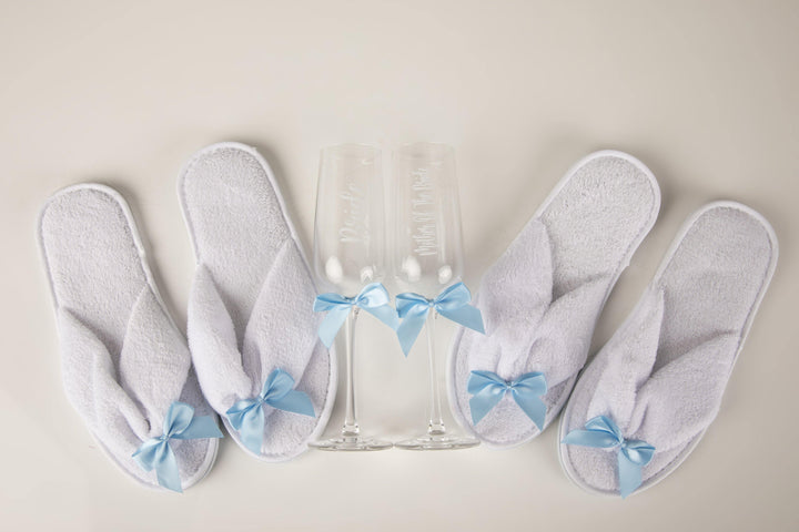 Bridal Slippers & Bridal Printed Glasses with matching ribbons - Robes 4 You