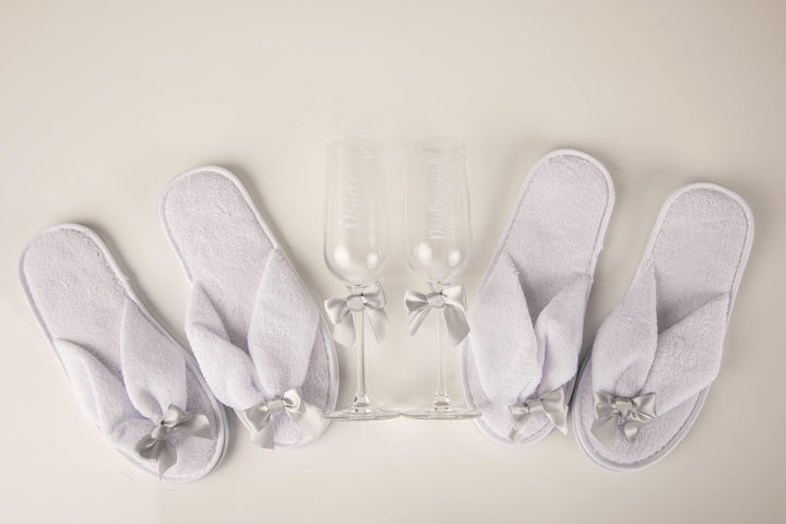 Bridal Slippers & Bridal Printed Glasses with matching ribbons - Robes 4 You