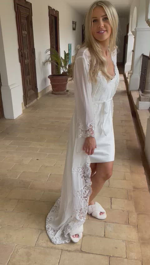 The Coco Robe- Long lace bridal robe / beaded lace robe and satin slip.