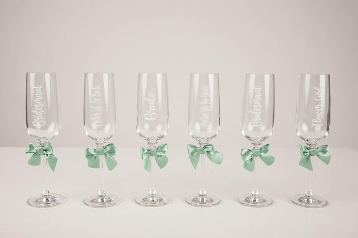 Personalised sage green bridesmaid flutes -robes4you 