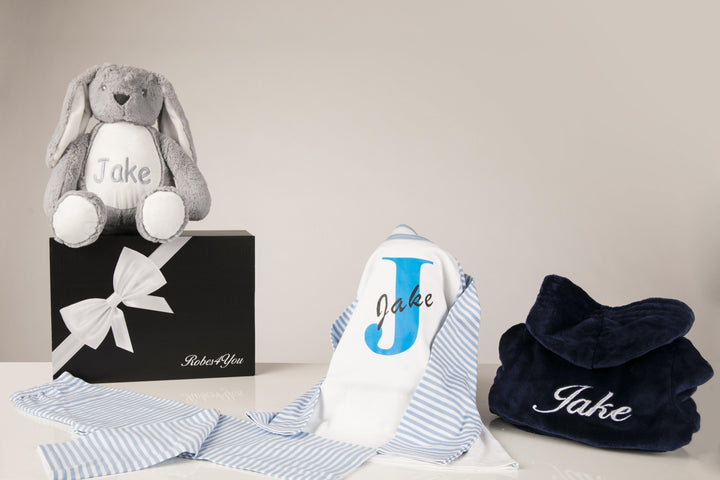 Personalised Navy child's robe with blue and white striped pyjamas & Teddy Gift box - Robes 4 You