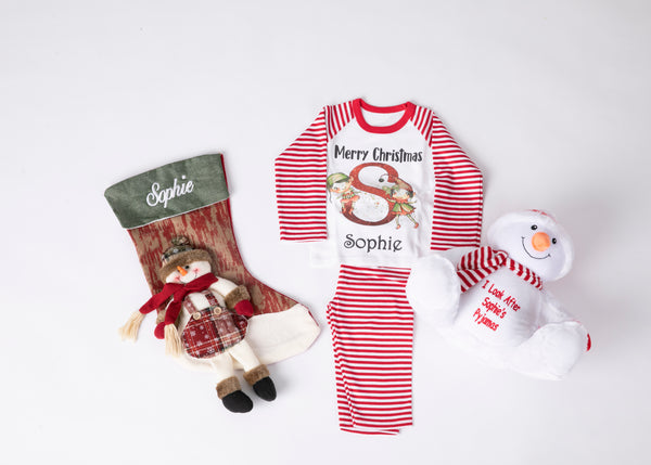 Christmas Pyjamas ,Christmas Snowman stocking and Snowman pyjamas holder