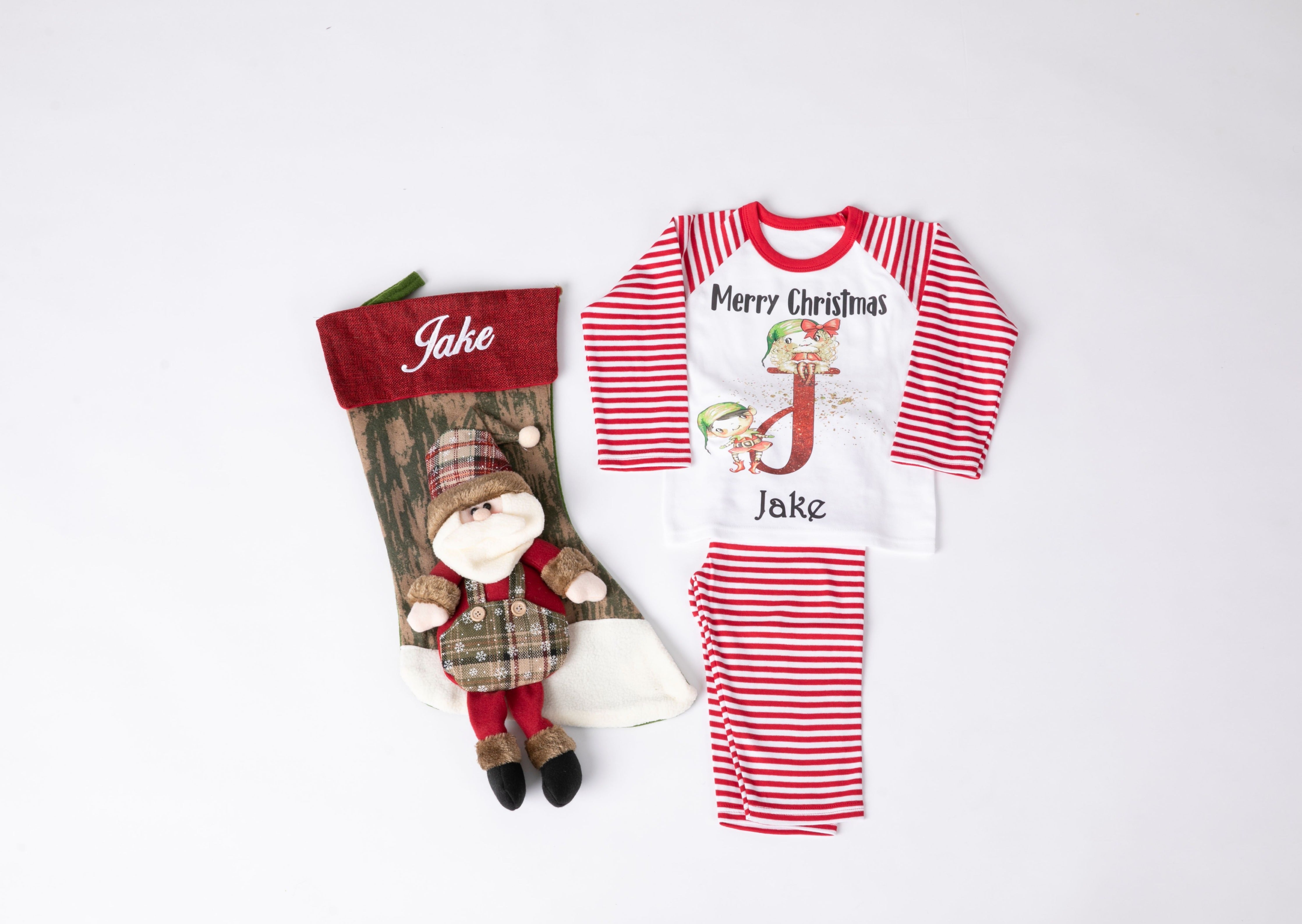 Red and White Christmas Pyjamas and Christmas stocking