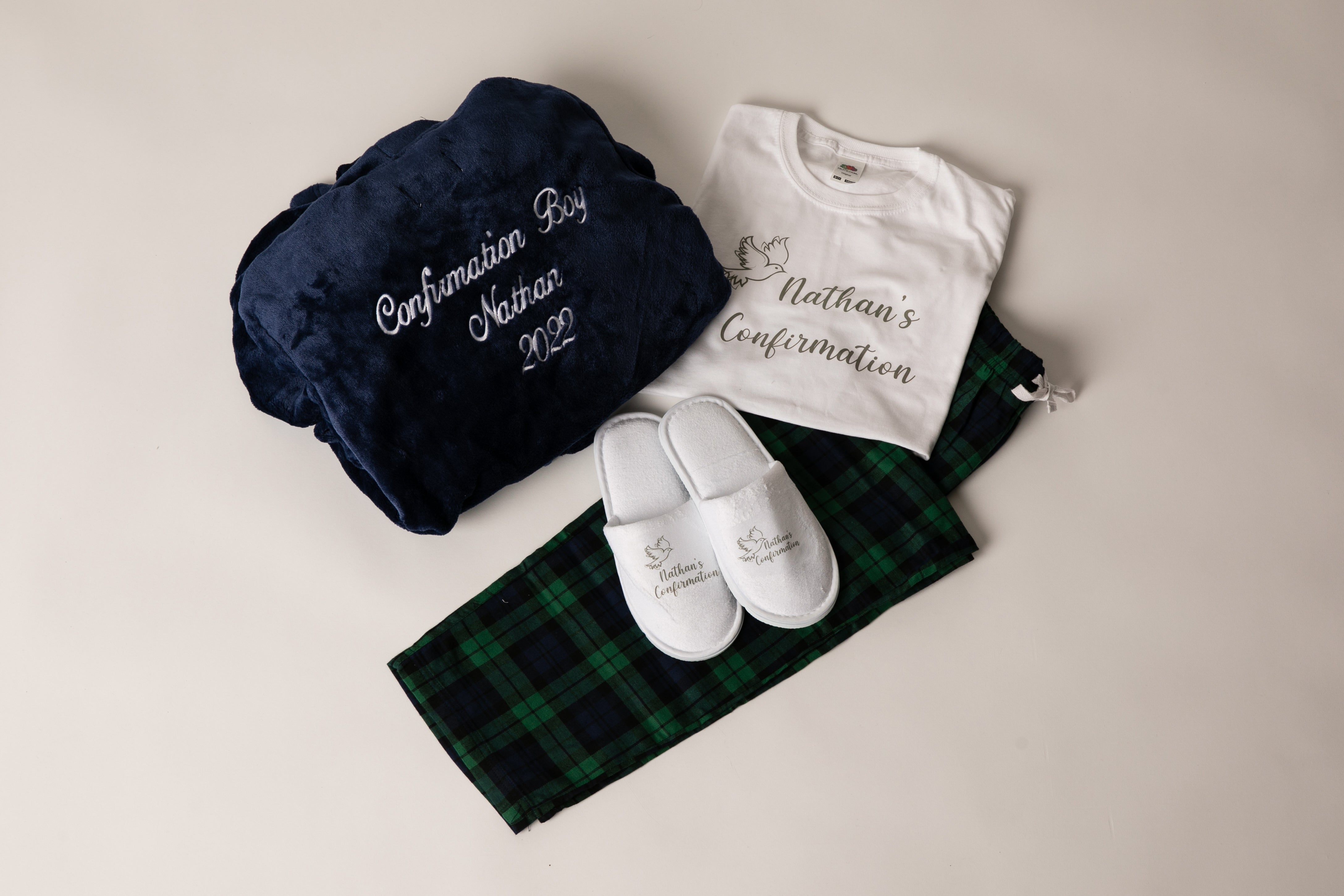 Boys Confirmation Set-Personalised Fluffy Robe and long cotton Pyjamas & Slippers