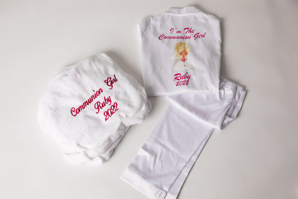 Fluffy Communion Set - Fluffy robe and long or short Satin Pjs.