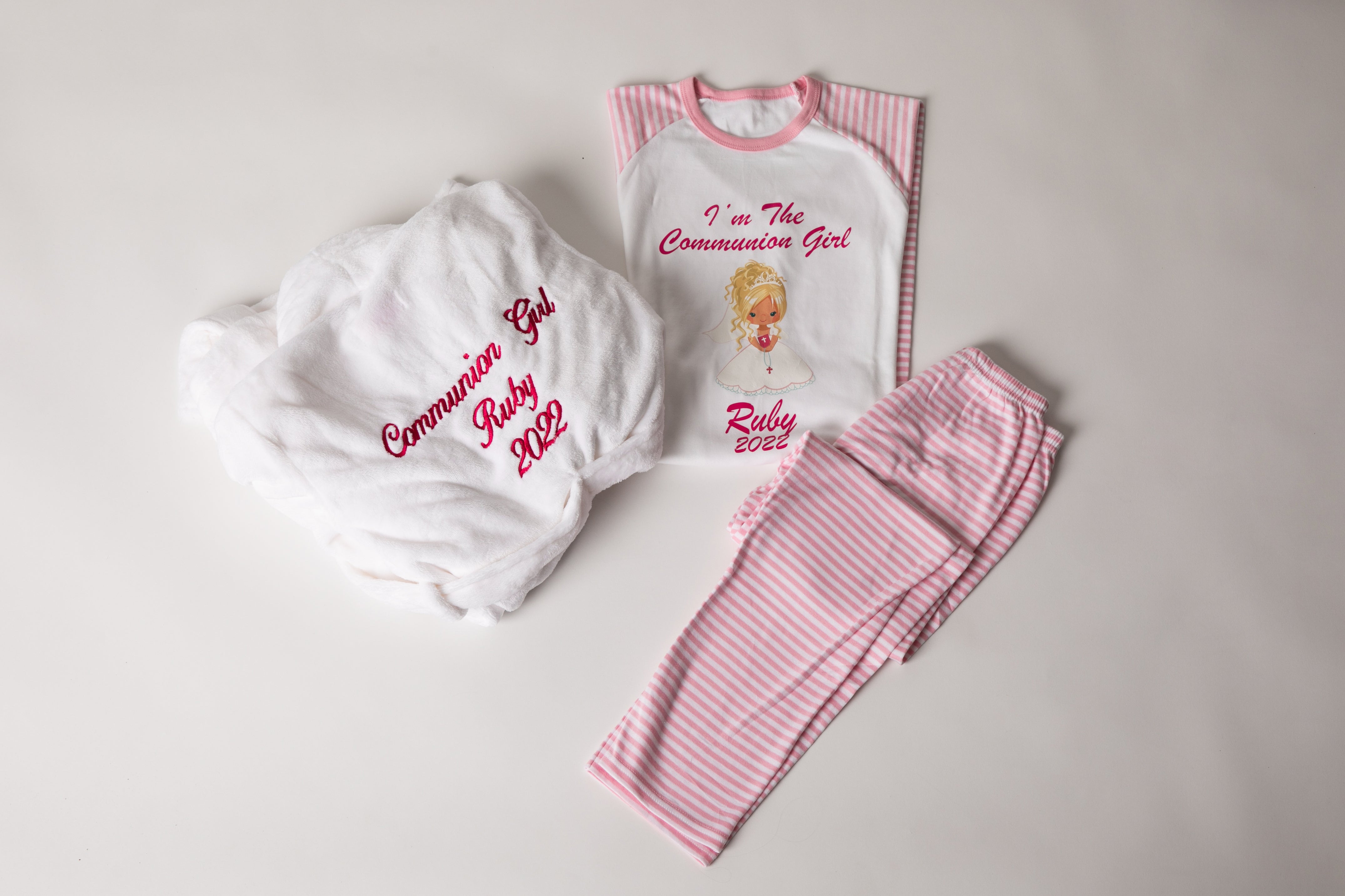 Communion Set-Personalised Fluffy Robe and Cotton Pyjamas with Girl character