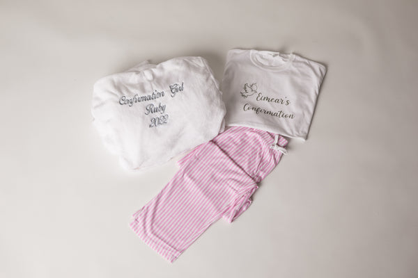 Confirmation Set-Personalised Fluffy Robe and long cotton Pink & White Pyjamas