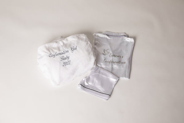 Confirmation Set-Personalised Fluffy Robe and Short satin pyjamas