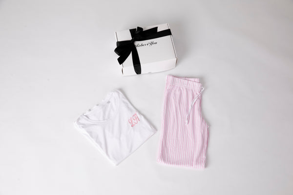 Personalised cotton long  pyjamas - Baby pink and white stripes in gift box