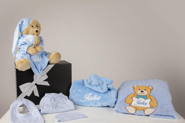 Baby Boy Deluxe Hamper with blue robe and blue babygrow and teddy presented in a gift box - Robes 4 You