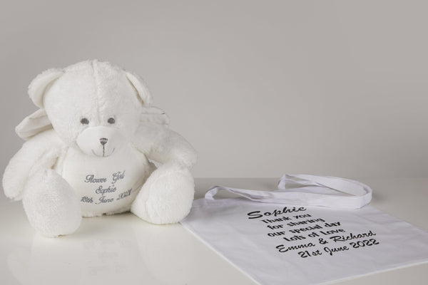 Personalised angel teddy in personalised bag for the flower girl - Robes 4 You