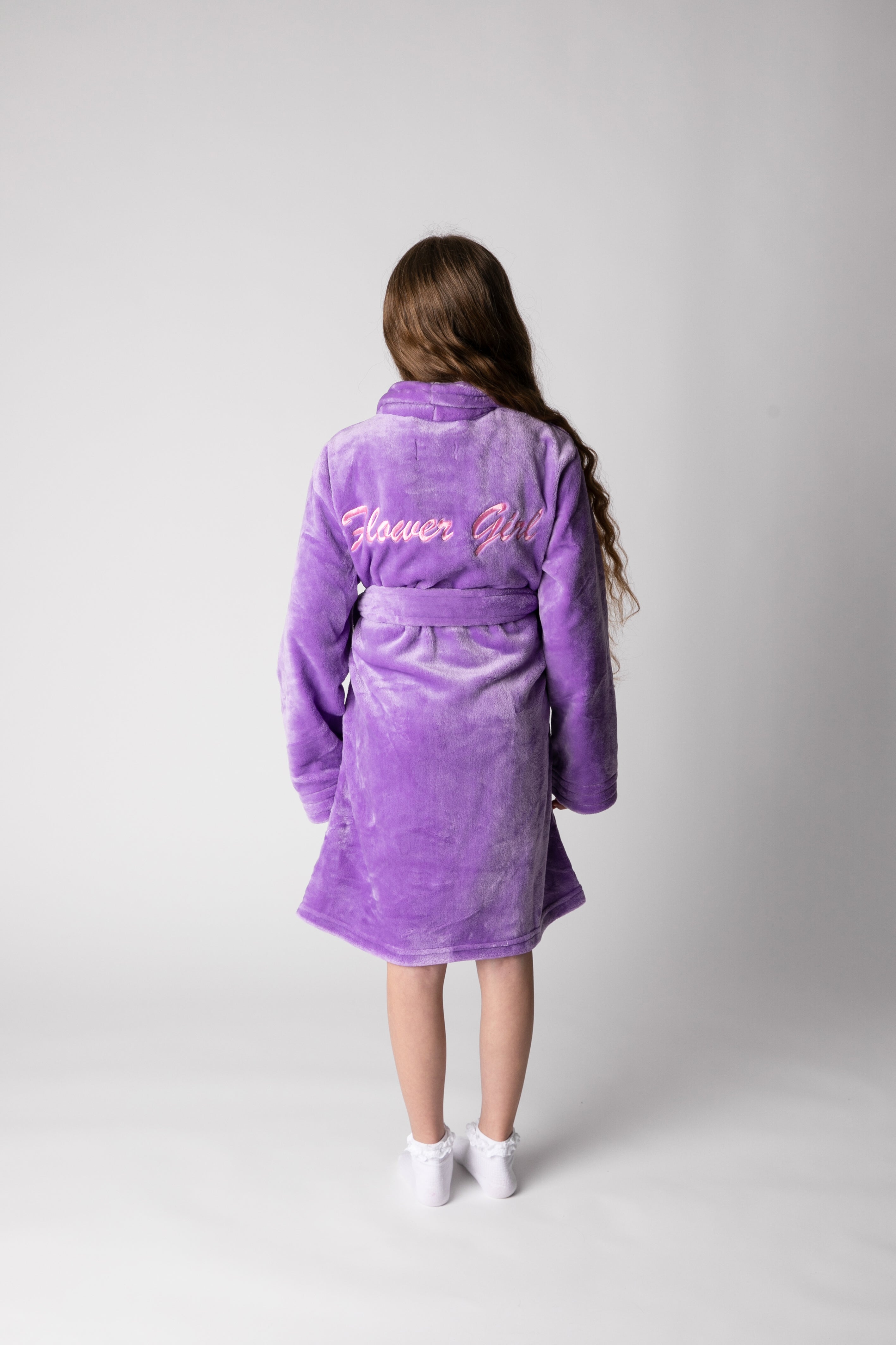 Lilac flower girls robes with baby pink embroidery