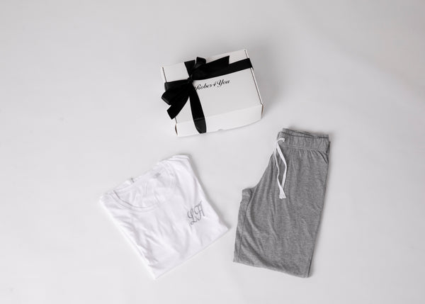 Personalised cotton long  pyjamas - Grey and white  in gift box