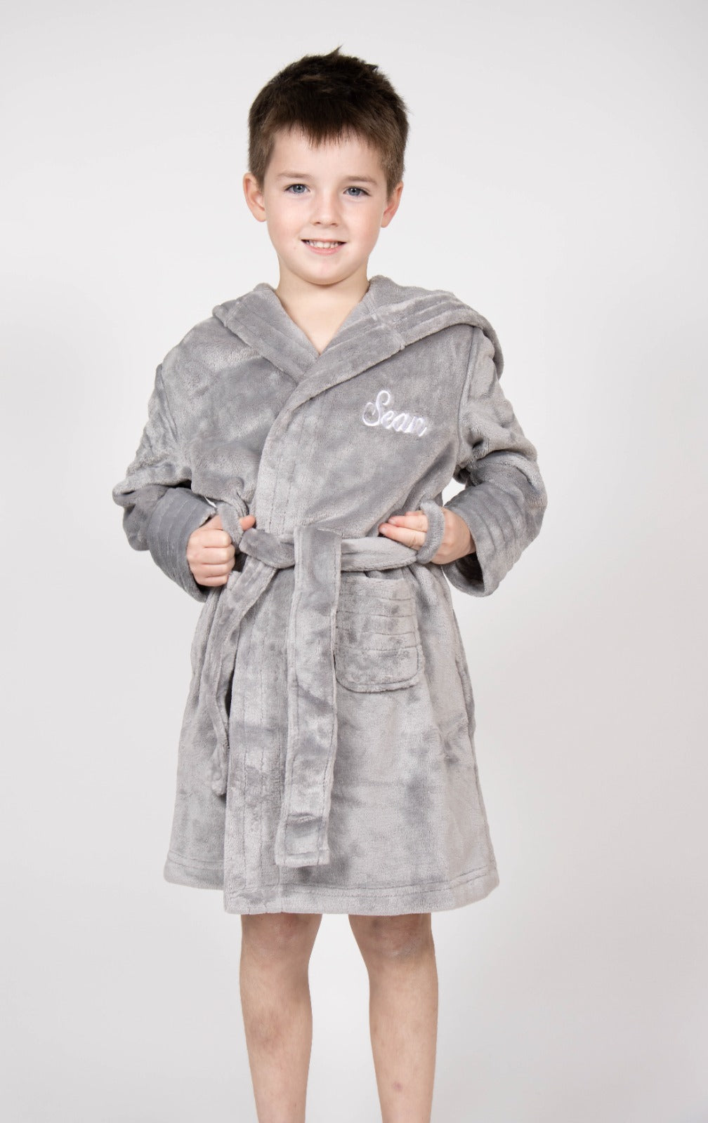 Children's Personalised Grey Fluffy Hooded Robe- Robes4you – Robes 4 You