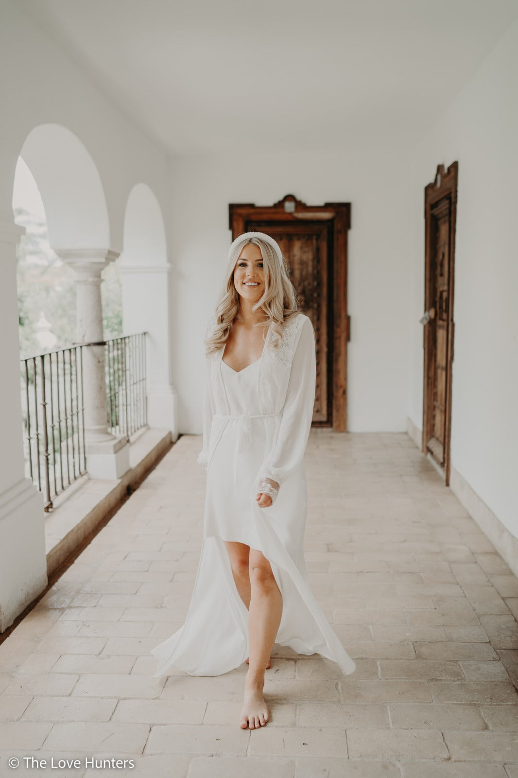 The Suzie Robe - Long mesh bridal robe with beading detail on the front and sleeve & Satin slip.