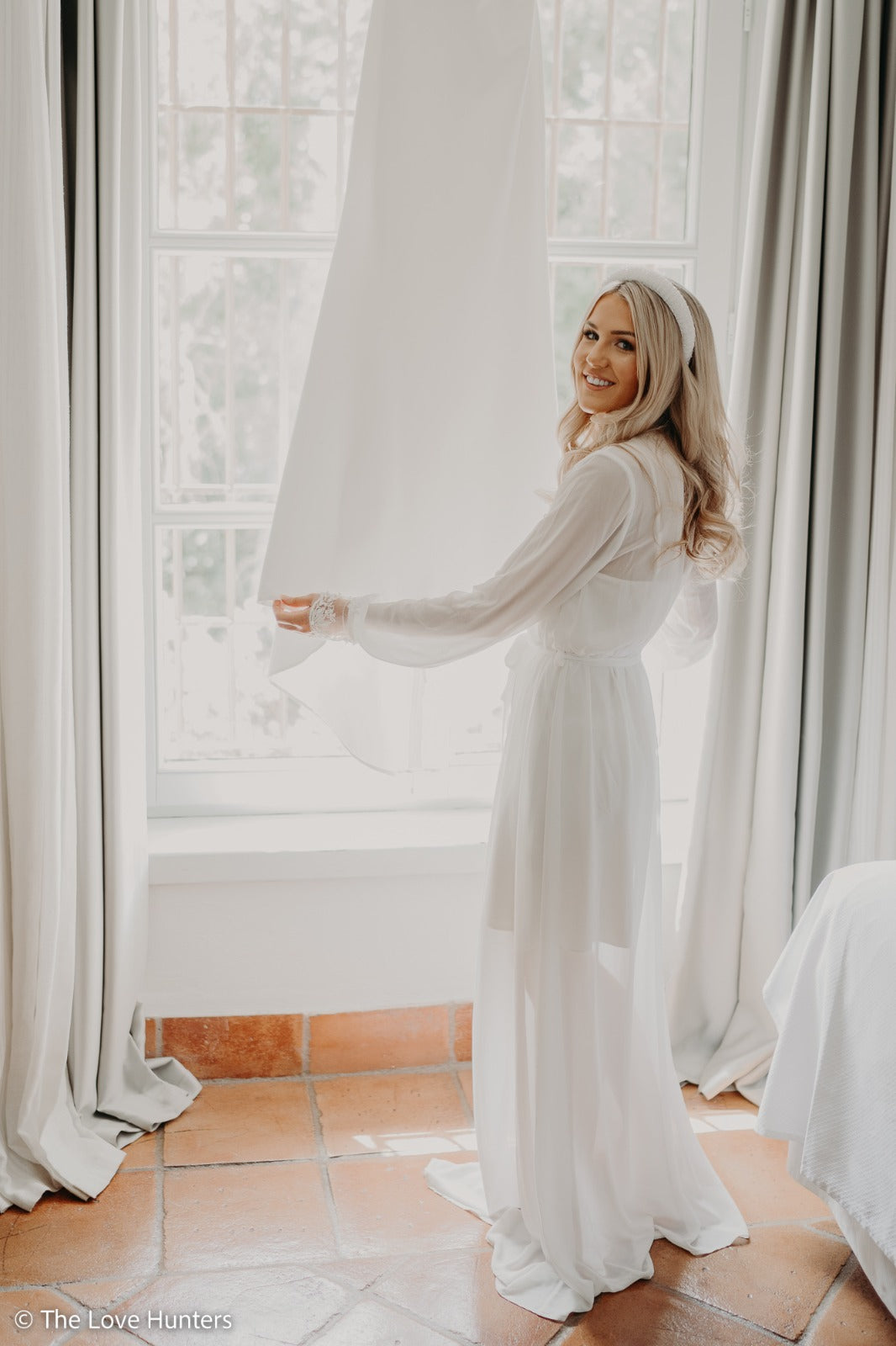 The Suzie Robe - Long mesh bridal robe with beading detail on the front and sleeve & Satin slip.