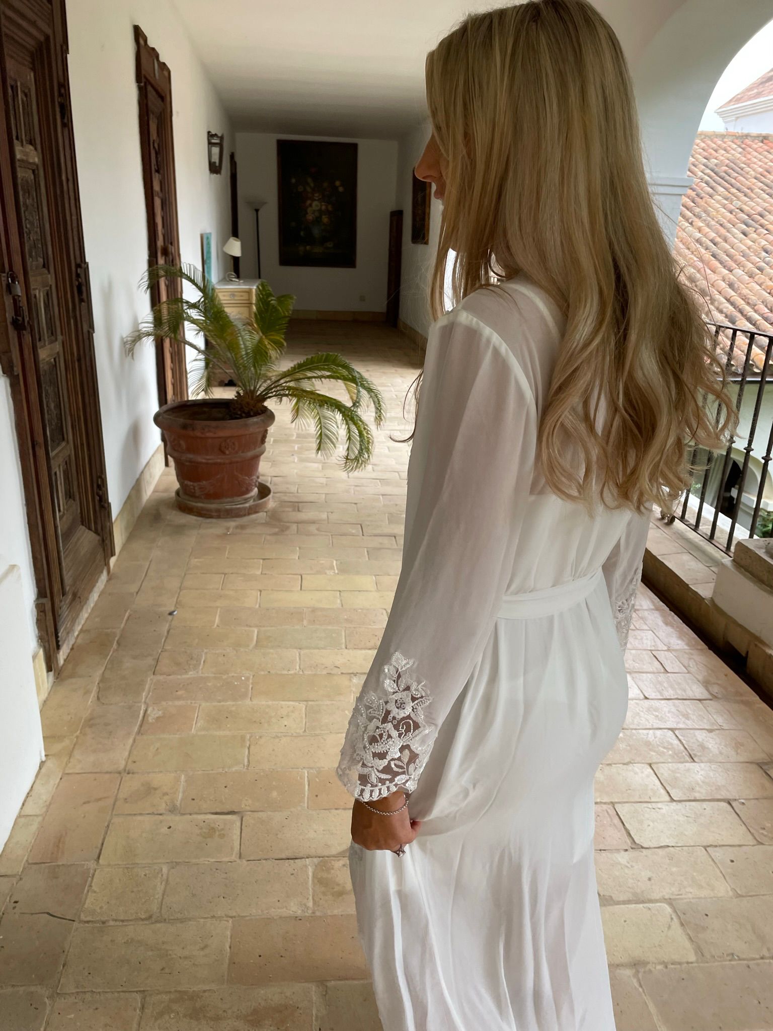 The Coco Robe- Long lace bridal robe / beaded lace robe and satin slip.