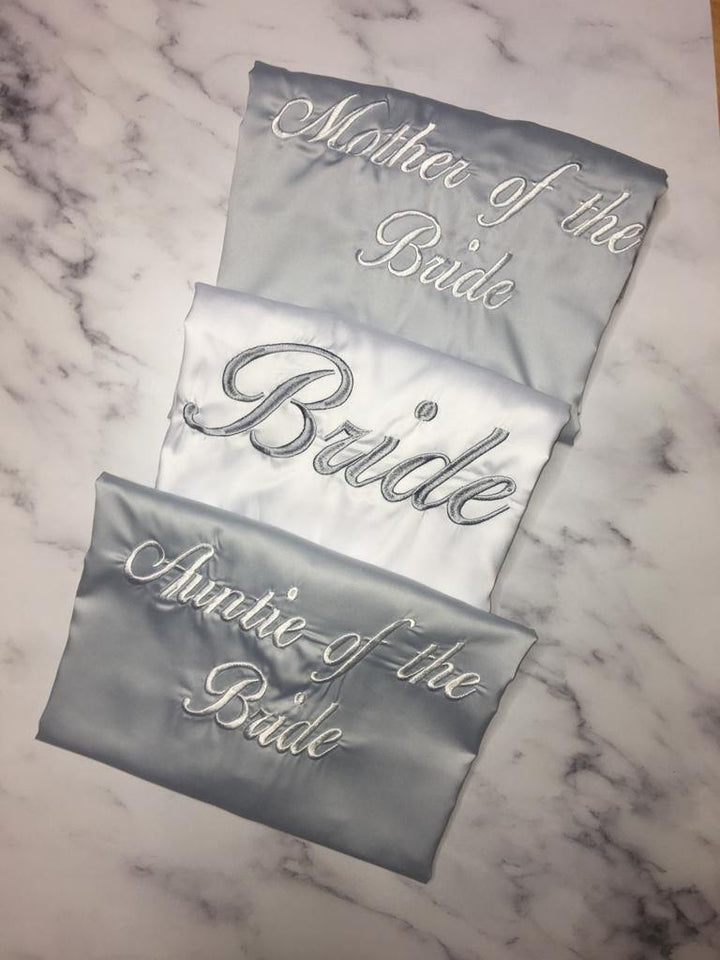 Personalised Bridal robes- Grey and white embroidered satin robes - Robes 4 You