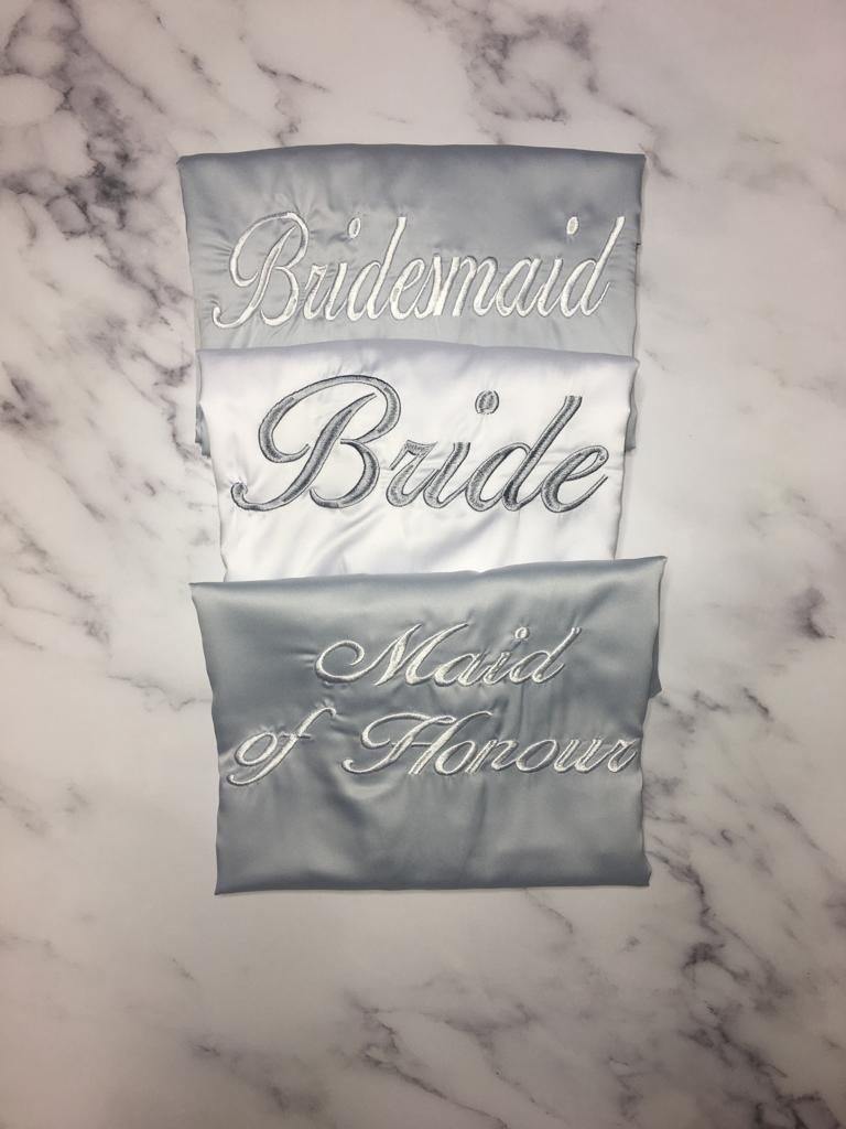 Personalised Bridal robes- Grey and white embroidered satin robes - Robes 4 You