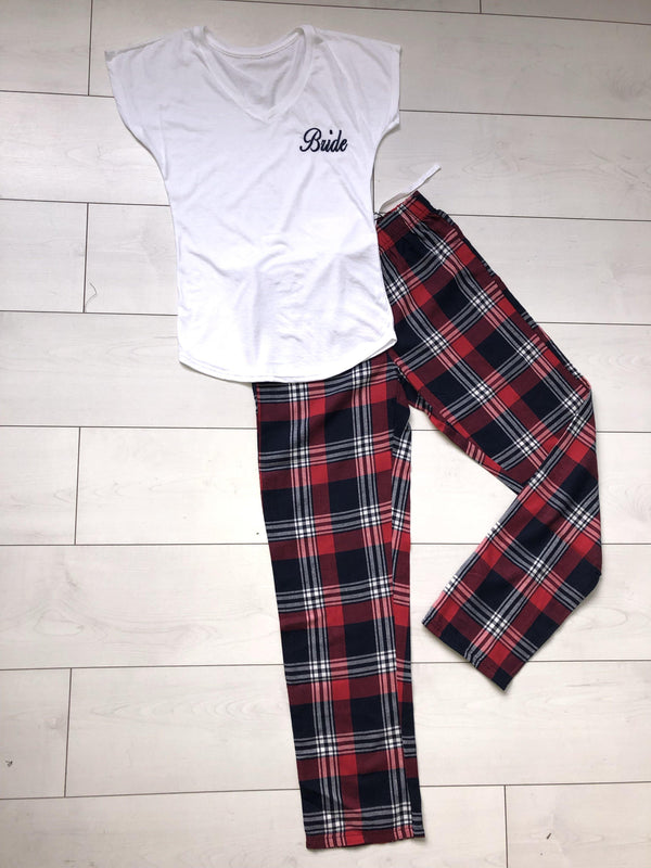 Bridal pyjamas- personalised red and navy cotton pyjamas - Robes 4 You