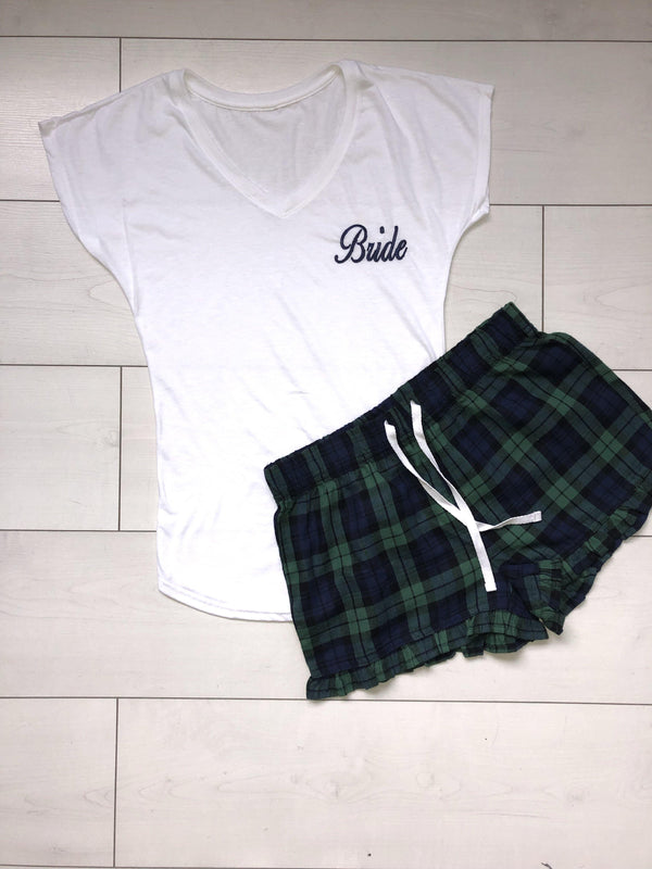 Bridal Pyjamas- personalised cotton pajamas with navy and green checkered shorts - Robes 4 You