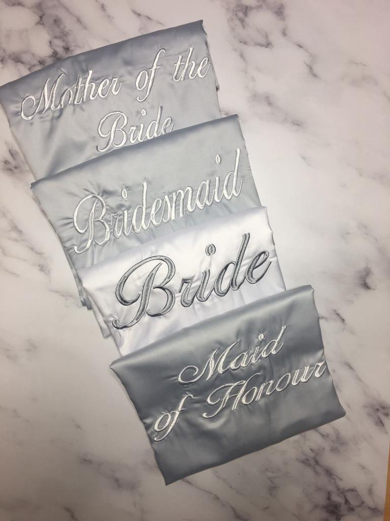 Personalised Bridal robes- Grey and white embroidered satin robes - Robes 4 You