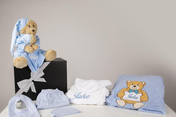 Baby Boy Deluxe Hamper with white robe presented in a gift box - Robes 4 You