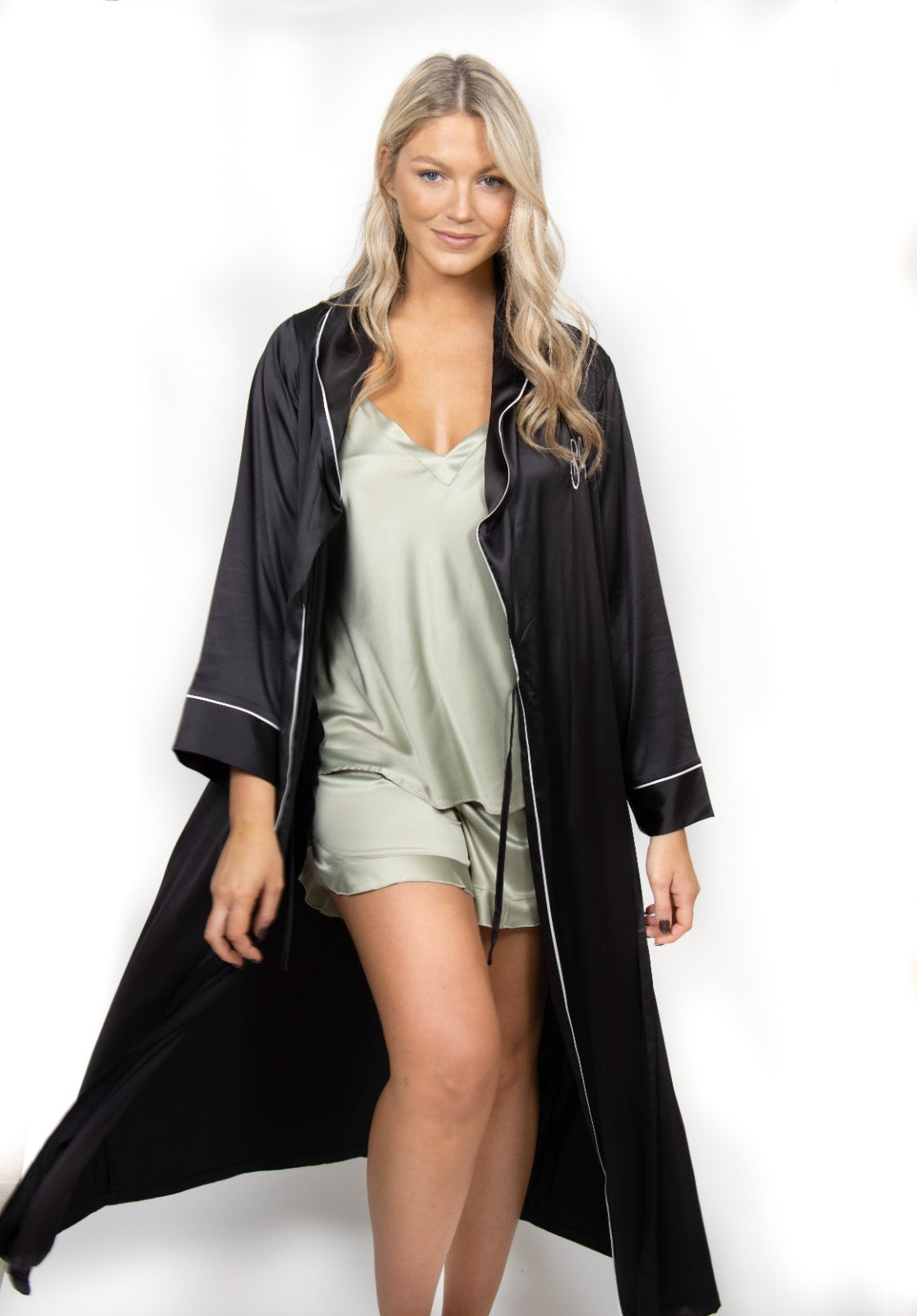Long luxurious Silky Feel Black Satin full length Robe with piping and matching cami set pjs