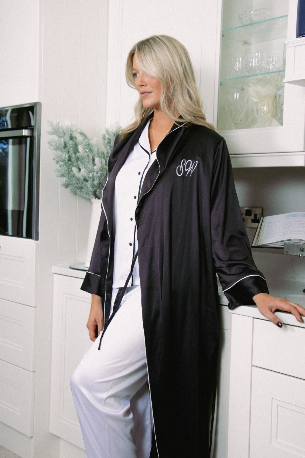 Long luxurious Silky Feel Black / White Satin full length Robe with piping and matching long pjs set