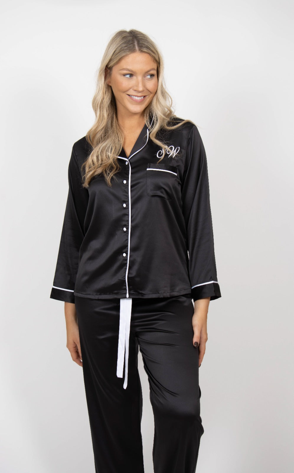 Long luxurious Silky Feel Black / White Satin full length Robe with piping and matching long pjs set