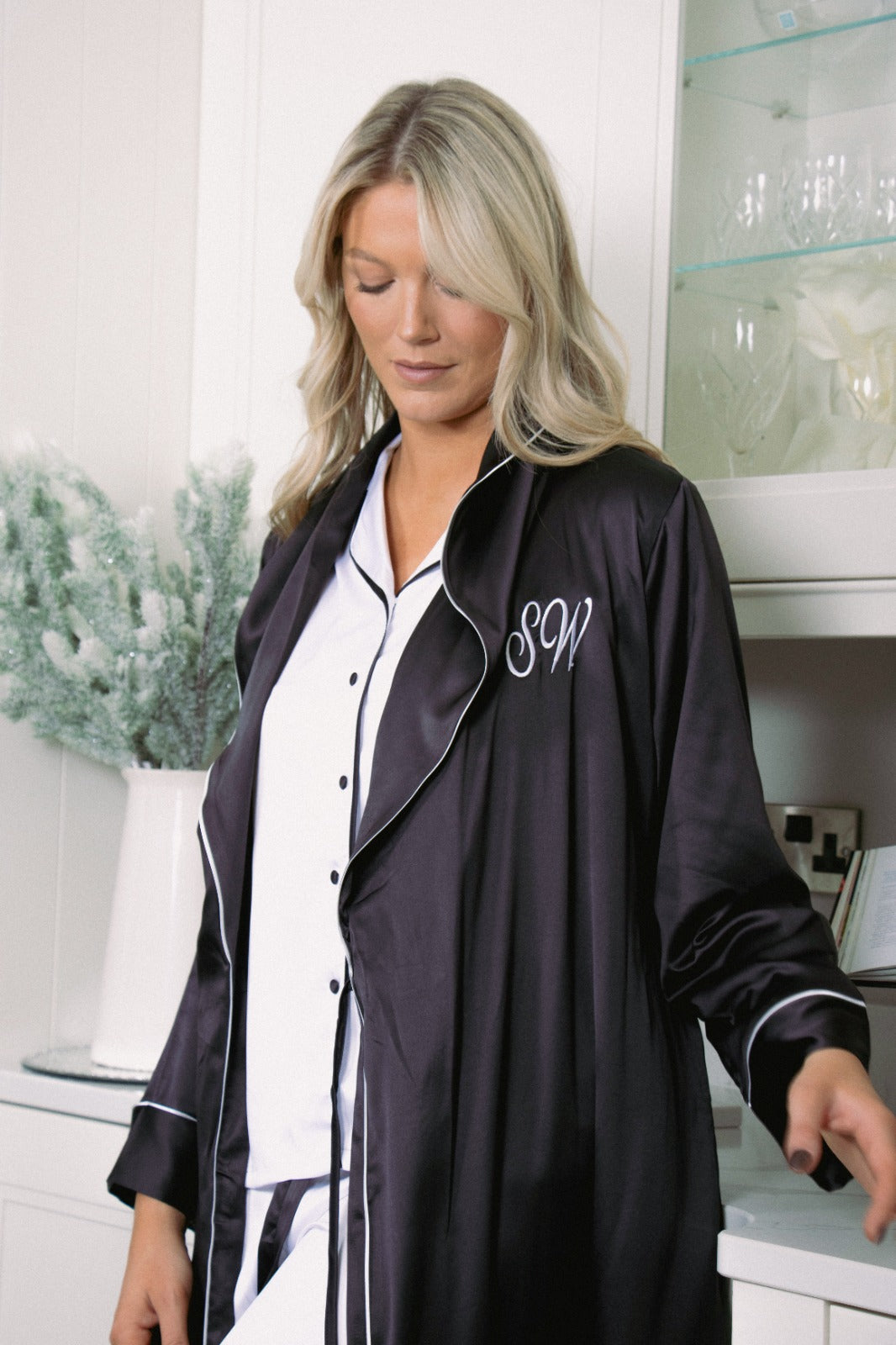 Long luxurious Silky Feel Black / White Satin full length Robe with piping and matching long pjs set