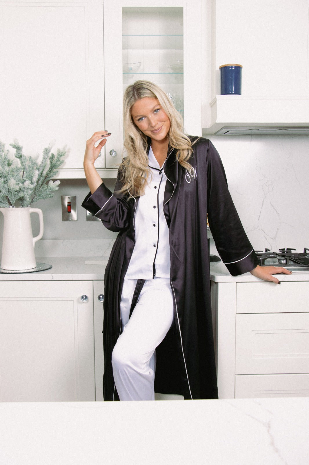 Long luxurious Silky Feel Black Satin full length Robe with piping and matching long pjs set