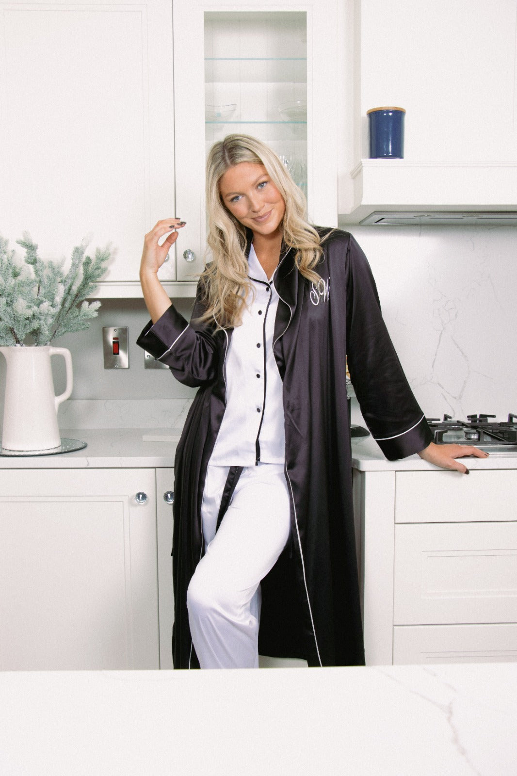 Long luxurious Silky Feel Black / White Satin full length Robe with piping and matching long pjs set