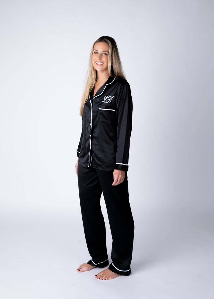 Black satin personalised pyjamas -robes4you 