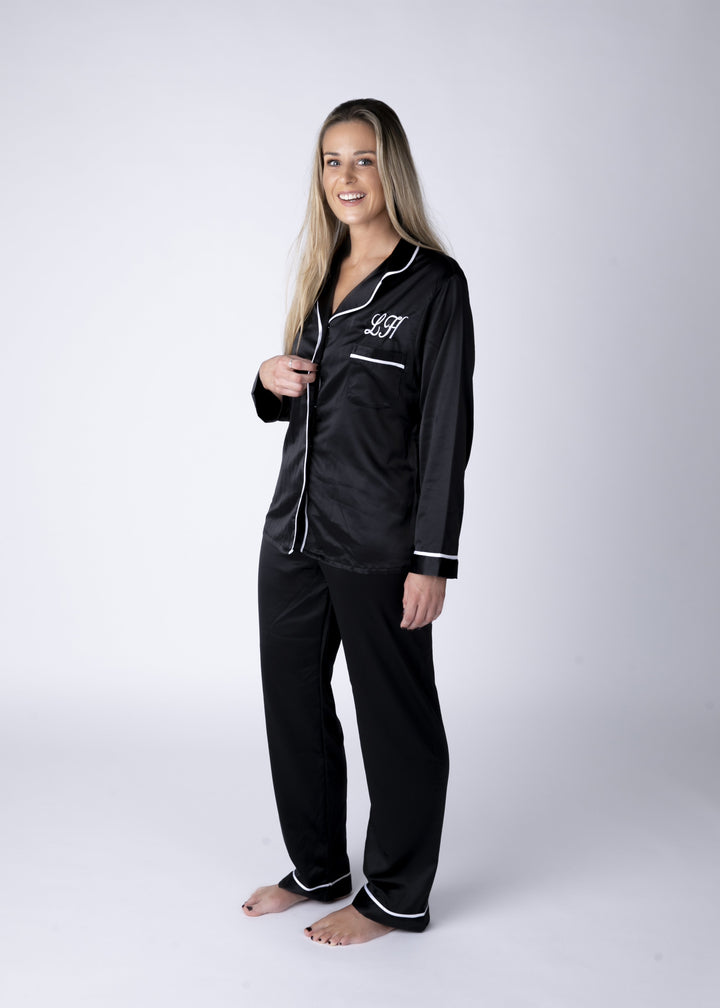 Black personalised satin pjs-Robes4you 