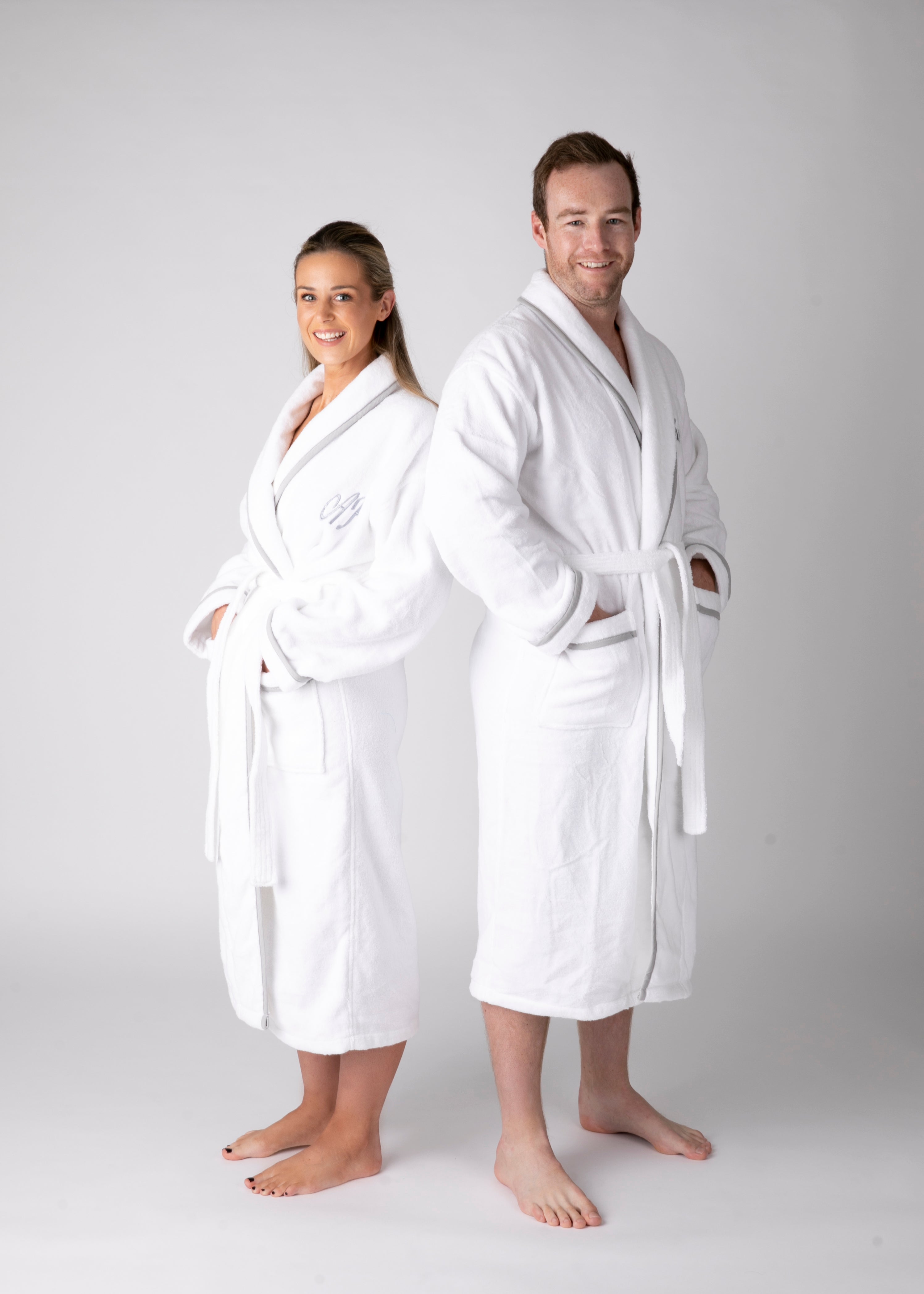 Man and women in luxurious personalised towelling robe-robes4you 