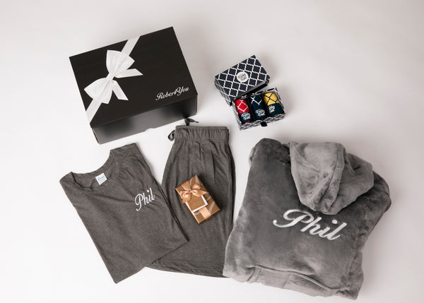 Mens Hoodie hamper with Grey cotton pyjamas with chocolates and socks