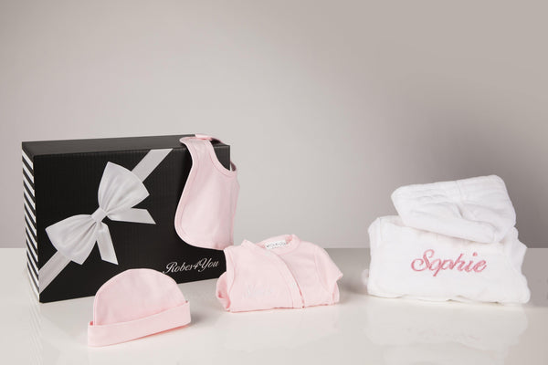 Baby Girl Gift -White Robe and Pink Baby Grow, Hat,Bib Personalised with Gift box - Robes 4 You