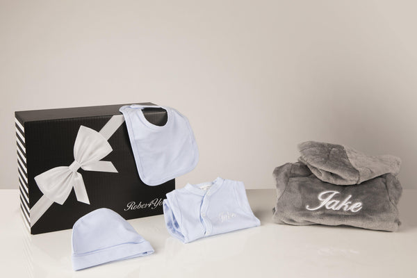 Baby boy gift set -Grey  Robe and Blue Baby Grow, Hat,Bib Personalised with Gift box - Robes 4 You