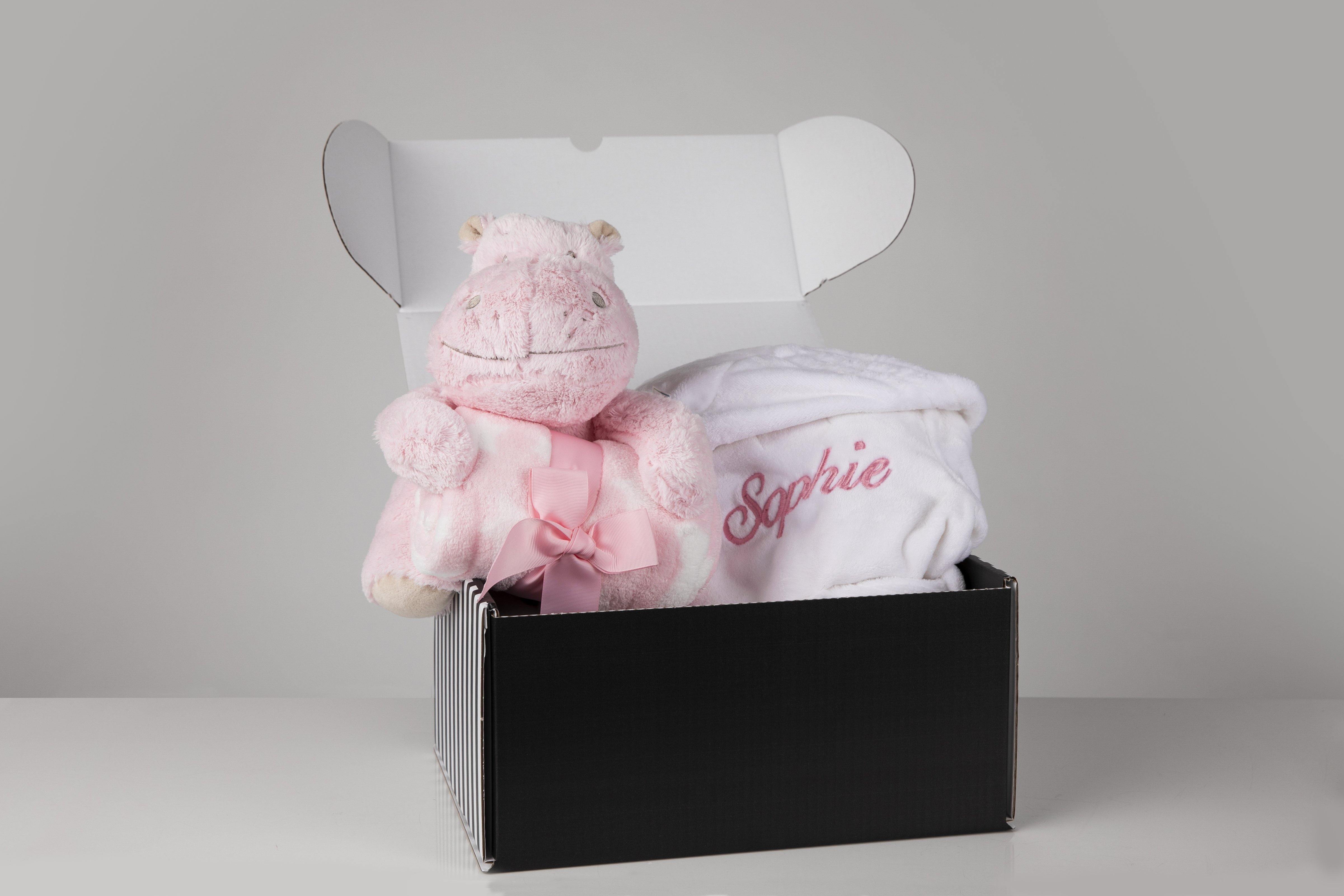 Baby girl hamper - Personalised fluffy Baby white Robe with blanket and teddy in a gift box - Robes 4 You