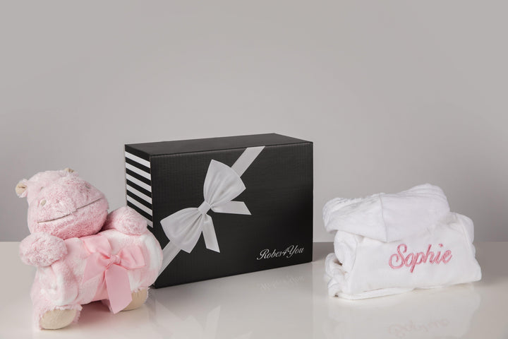 Baby girl hamper - Personalised fluffy Baby white Robe with blanket and teddy in a gift box - Robes 4 You