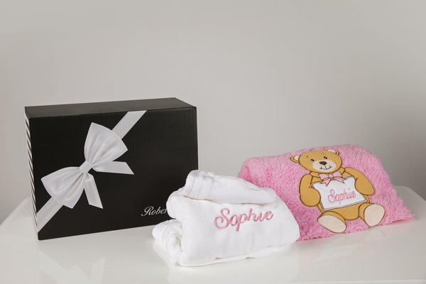 White Baby Robe embroidered with name plate pink blanket with gift box - Robes 4 You