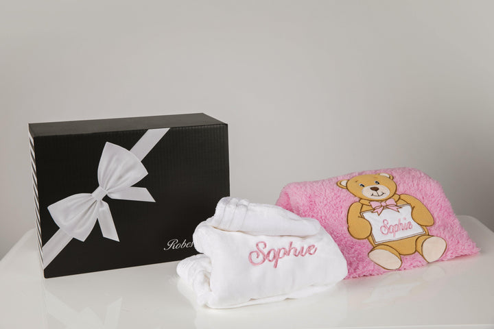 White Baby Robe embroidered with name plate pink blanket with gift box - Robes 4 You