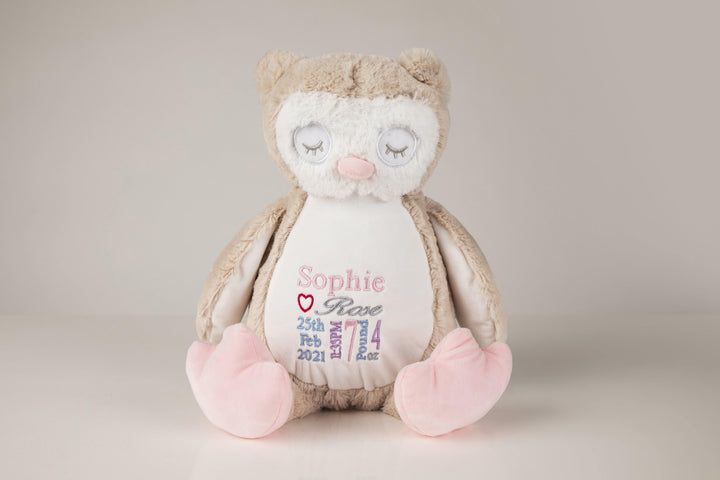 Baby Girl Gift -Personalised Owl Birth Bear with gift bag - Robes 4 You