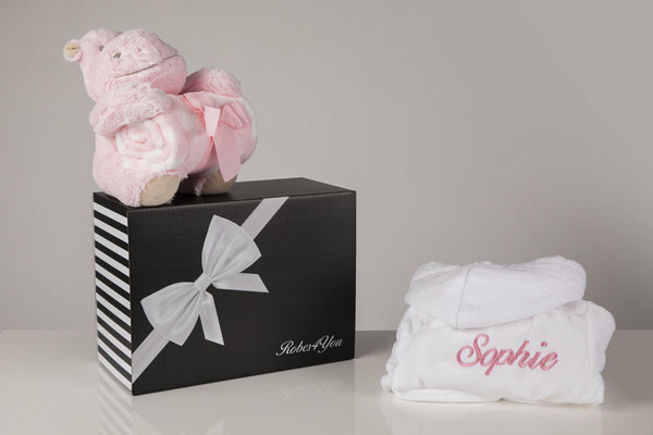 Baby girl hamper - Personalised fluffy Baby white Robe with blanket and teddy in a gift box - Robes 4 You