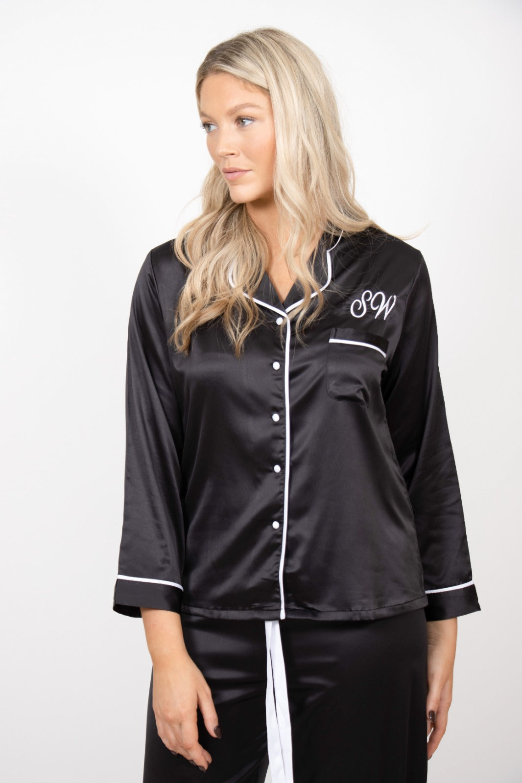 Long luxurious Silky Feel Black / White Satin full length Robe with piping and matching long pjs set