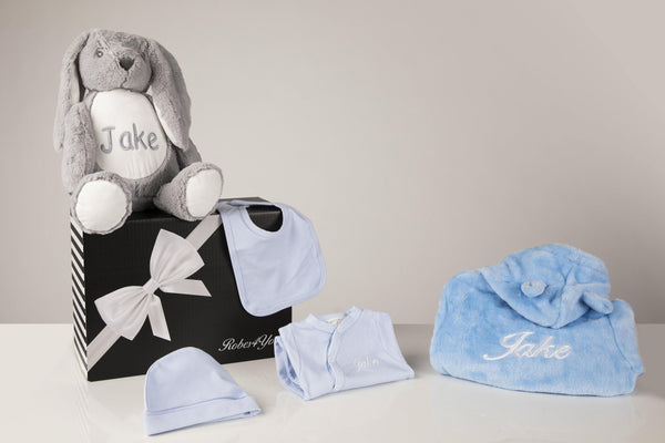 Baby Hamper-Blue Robe and Blue Baby Grow, Hat,Bib & Bunny Teddy Personalised with Gift box - Robes 4 You