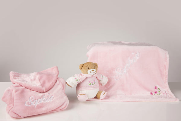 Pink Baby Robe and flowered Blanket embroidered with matching Teddy - Robes 4 You