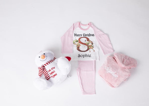 Pink Robe with Pink and white striped Christmas pyjamas & Snowman Pyjamas Holder & Gift box